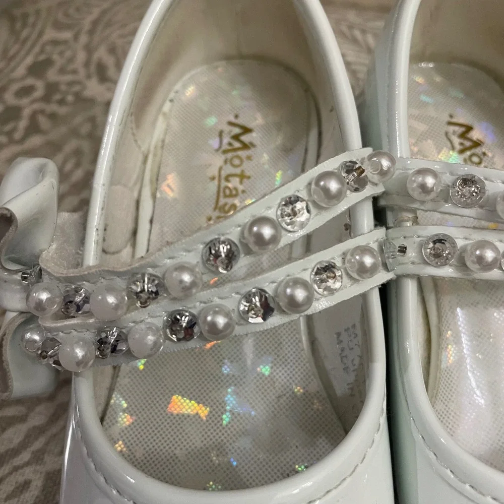White Pearl Rhinestone Mary Jane Dress Shoes Bow‎ Toddler Girl Formal Party sz 7